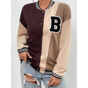 Graphic Color Block Snap Down Bomber Jacket